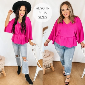Last Chance Size Small | Switch It Up 3/4 Drop Sleeve Peplum Blouse in Fuchsia Pink QuickDryingTech PreShrunk Cotton