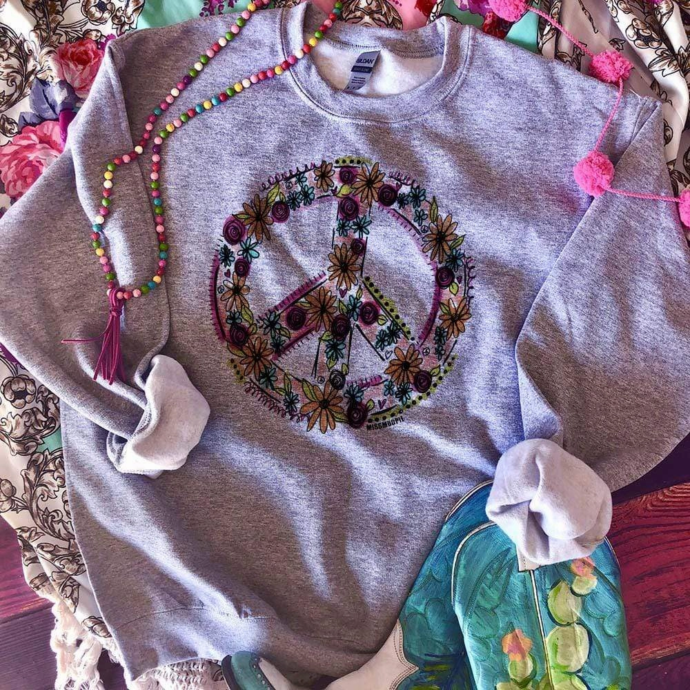 Online Exclusive | Peace Sign Long Sleeve Floral Graphic Sweatshirt in Gray Effortless Daywear