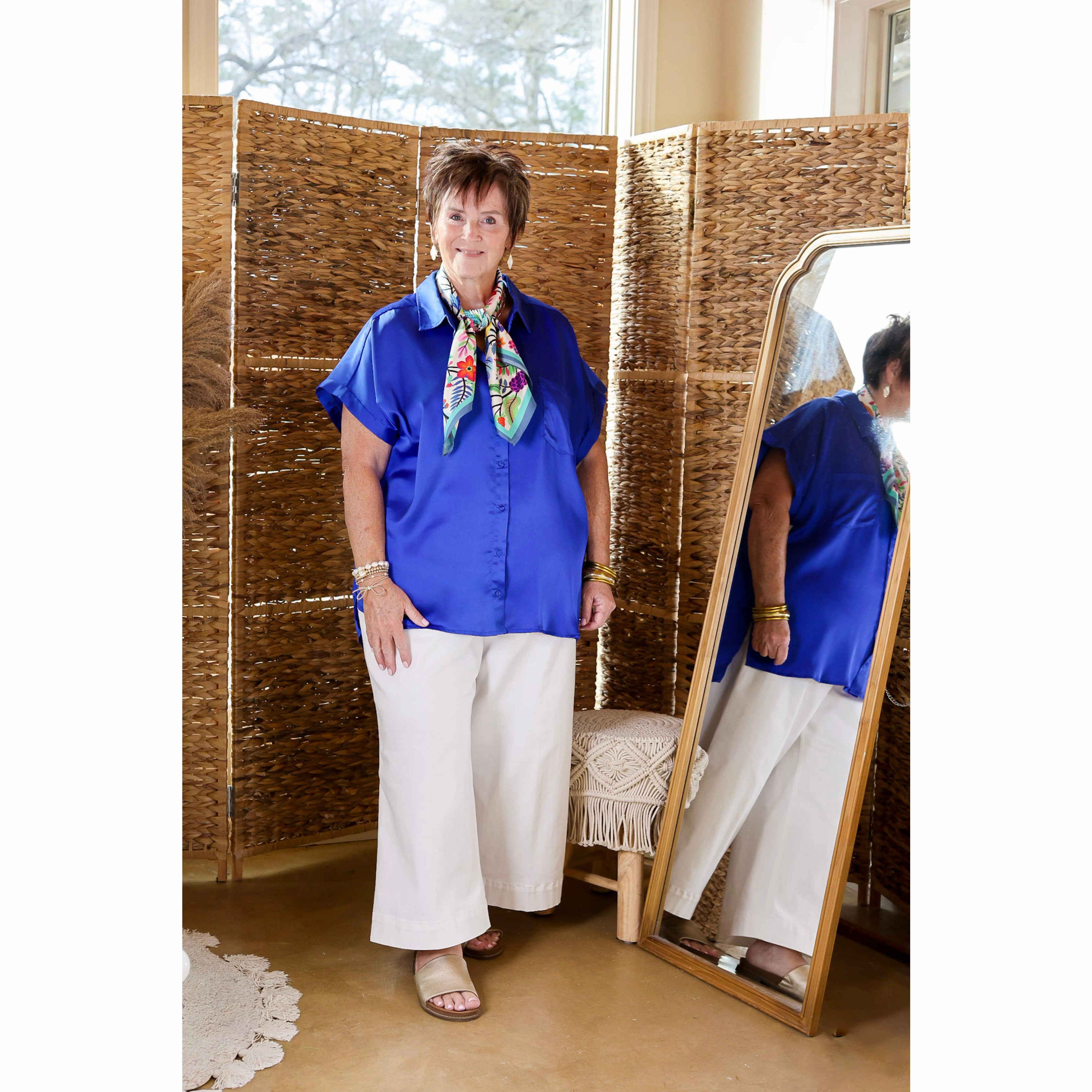 Free To Be Fab Button Up Short Sleeve Top in Royal Blue Everyday Wear