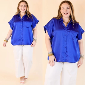 Free To Be Fab Button Up Short Sleeve Top in Royal Blue Soft Touch Tall Length