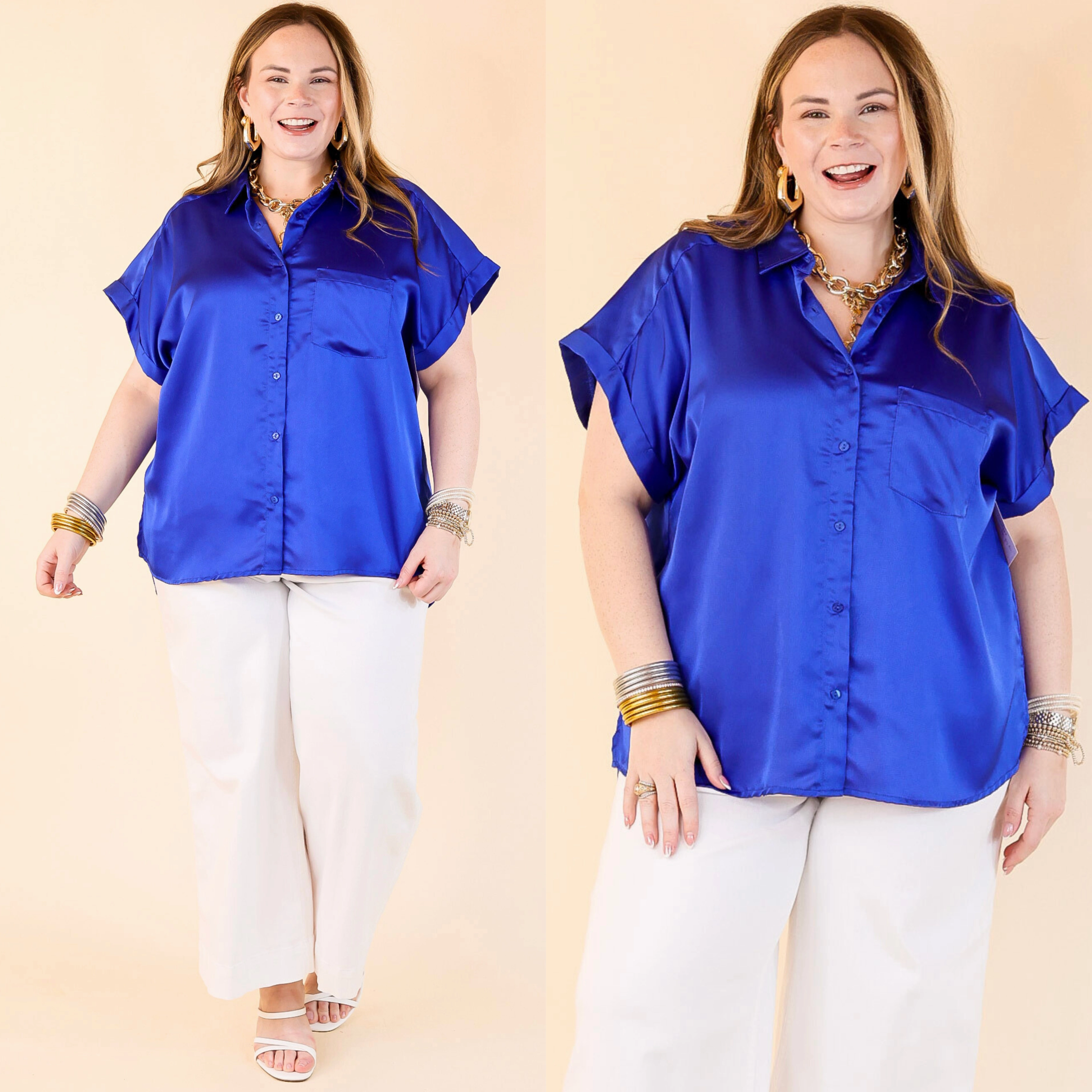 Free To Be Fab Button Up Short Sleeve Top in Royal Blue Soft Touch Tall Length