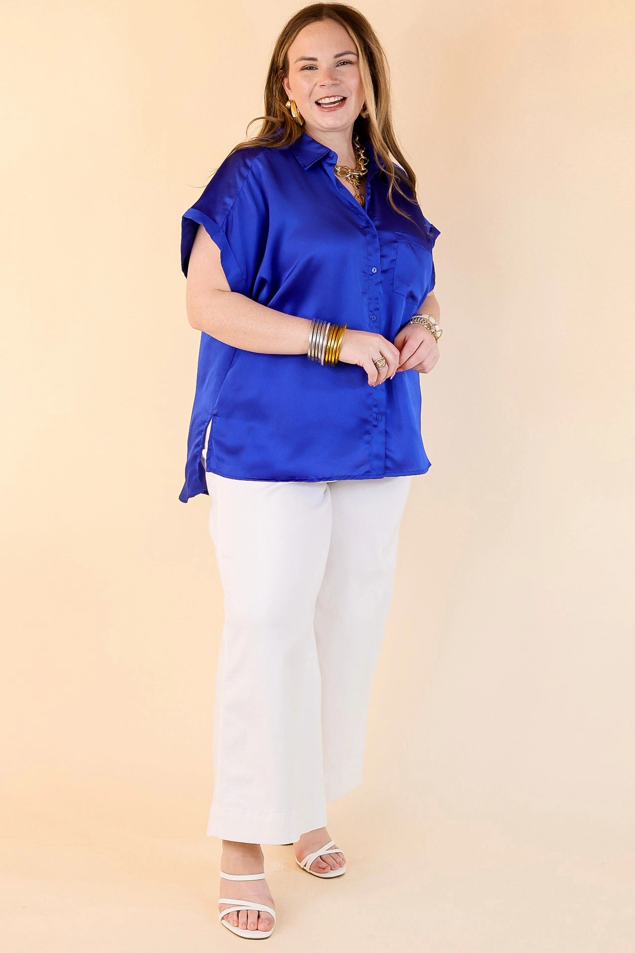 Free To Be Fab Button Up Short Sleeve Top in Royal Blue Versatile Piece