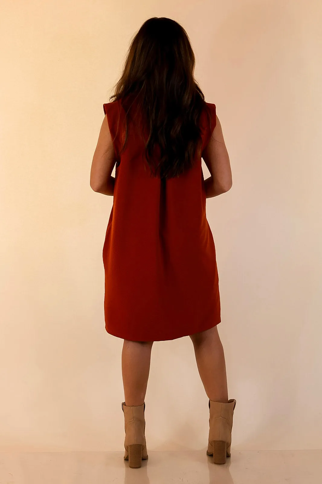 Glam Night Polished Perfection Cap Sleeve Dress with Collar in Rust Orange