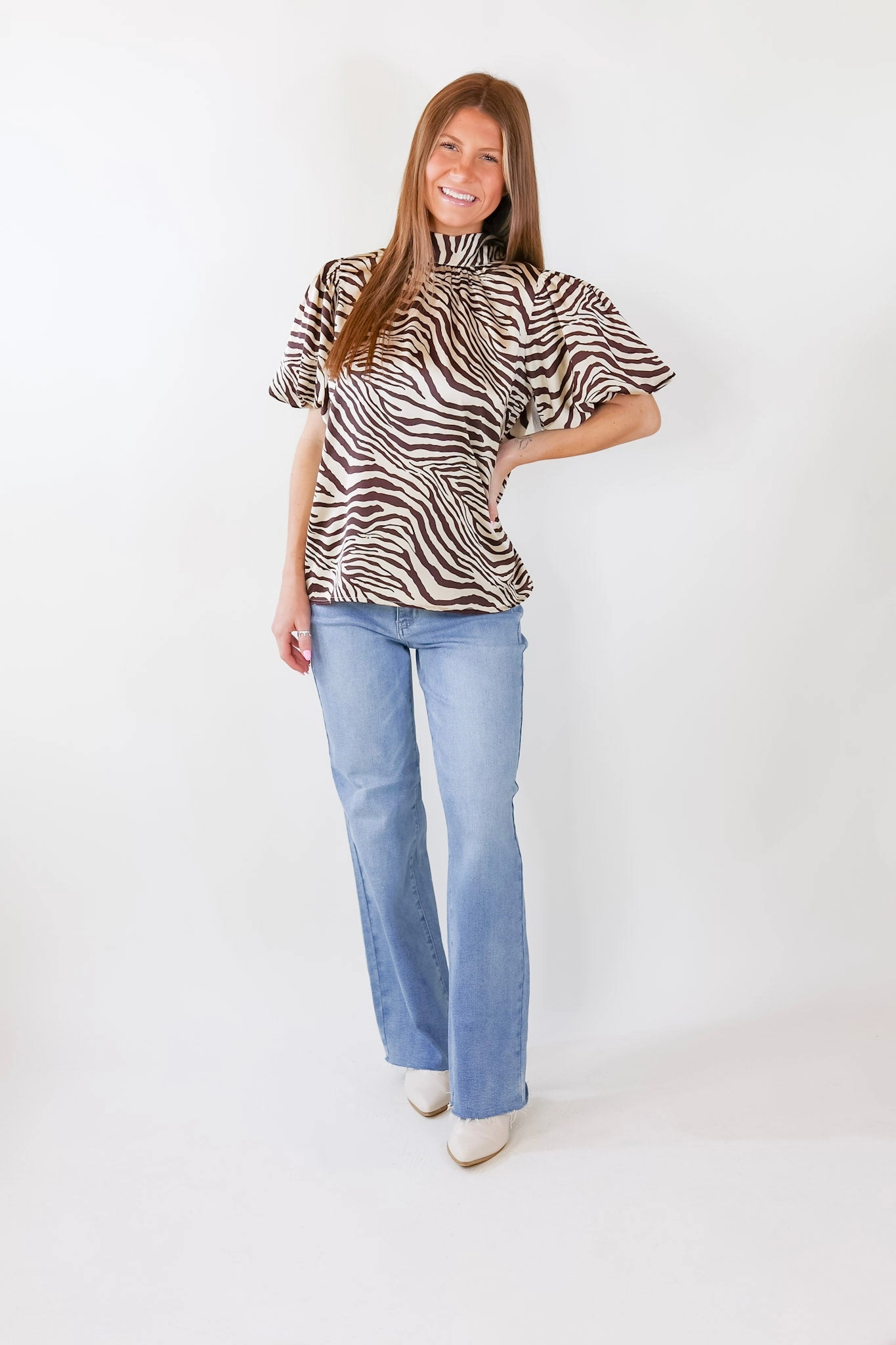 American Ease Rival Flair Zebra Print Top with Mock Neck in Chocolate Brown and Cream