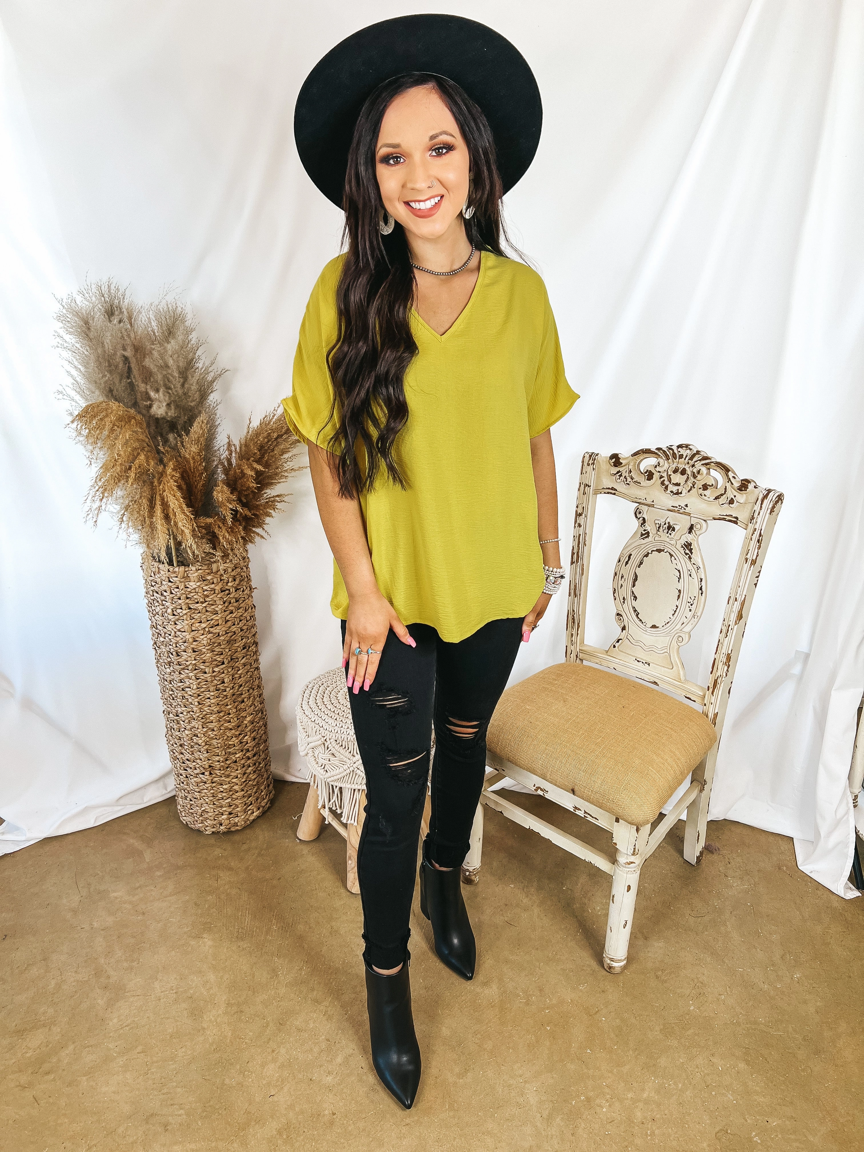 Fashion Forward Chic Accessory Last Chance Size Small, Medium, XL | Lovely Dear V Neck Short Sleeve Solid Top in Gold Kiwi