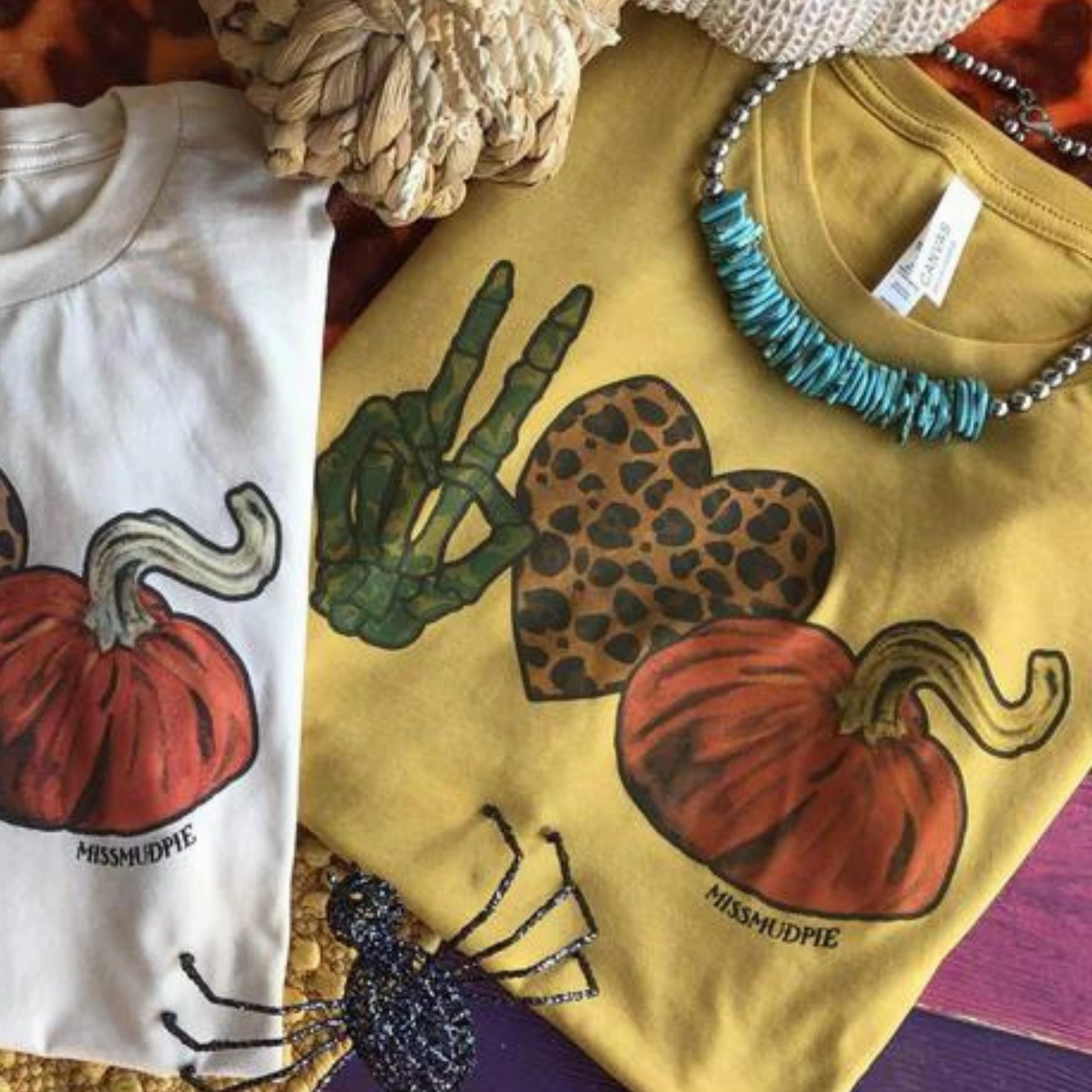 Online Exclusive | Peace Love Pumpkins Short Sleeve Pumpkin Graphic Tee in Mustard Yellow Vintage Style