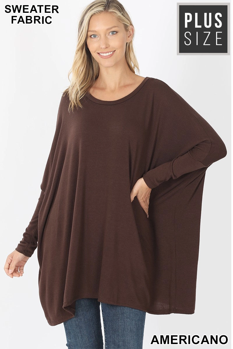 Last Chance Size 3XL | PLUS SWEATER FABRIC OVERSIZE ROUND NECK PONCHO in BROWN MultiPocket Design Reinforced Stitching