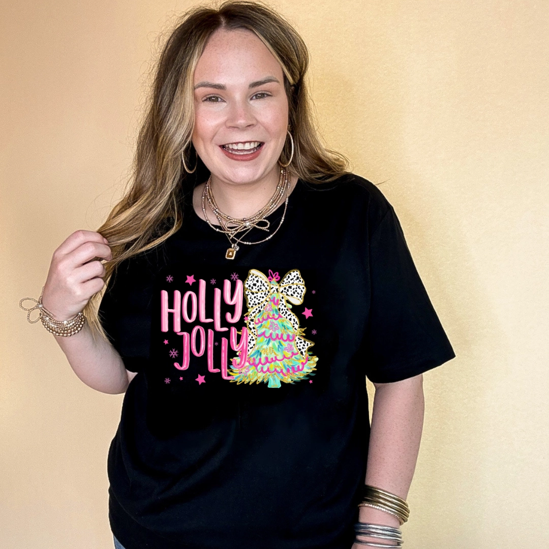 Online Exclusive | Holly Jolly Coquette Christmas Tree Graphic Tee in Multiple Color Options Garment Washed Texture Relaxed Comfort Fit