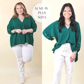 Last Chance Size Small, Medium, XL | Weekend Out V Neck Placket 3/4 Sleeve Top in Emerald Green DoubleStitchedSeams