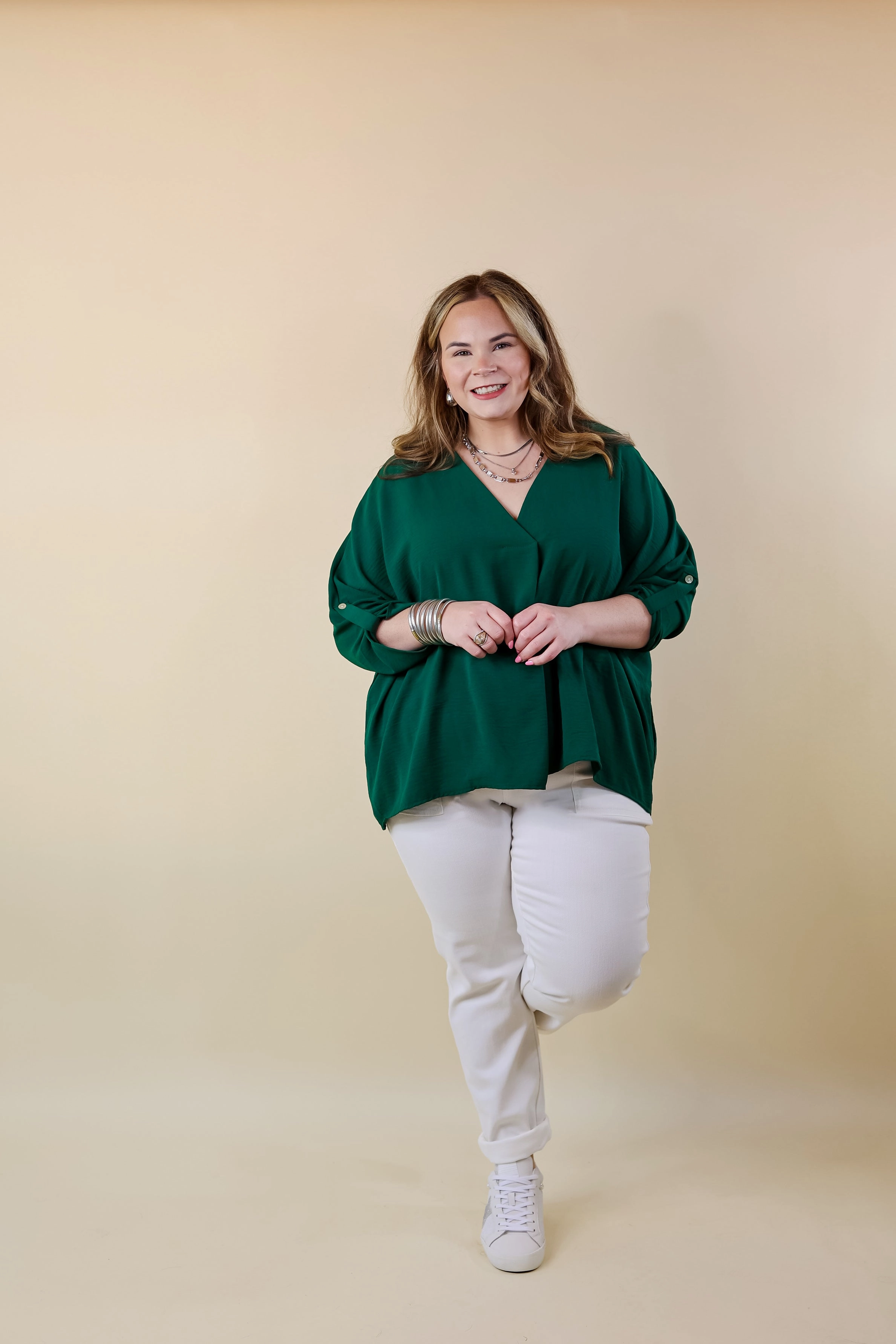 Last Chance Size Small, Medium, XL | Weekend Out V Neck Placket 3/4 Sleeve Top in Emerald Green Washable fabric
