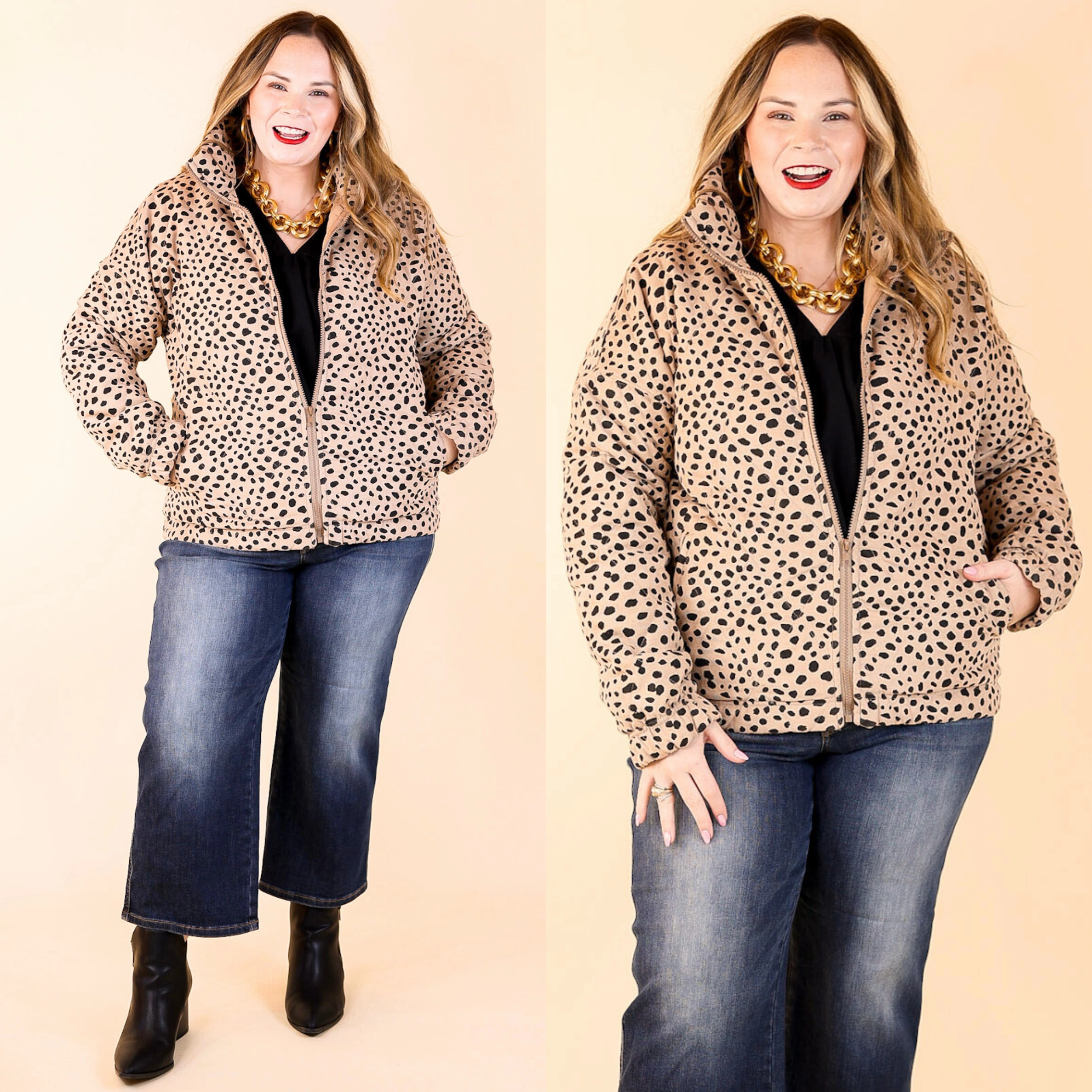 Snowy Sundays Dotted Zip Up Puffer Jacket in Taupe Anytime Outer Fit Reinforced Shoulder Protection