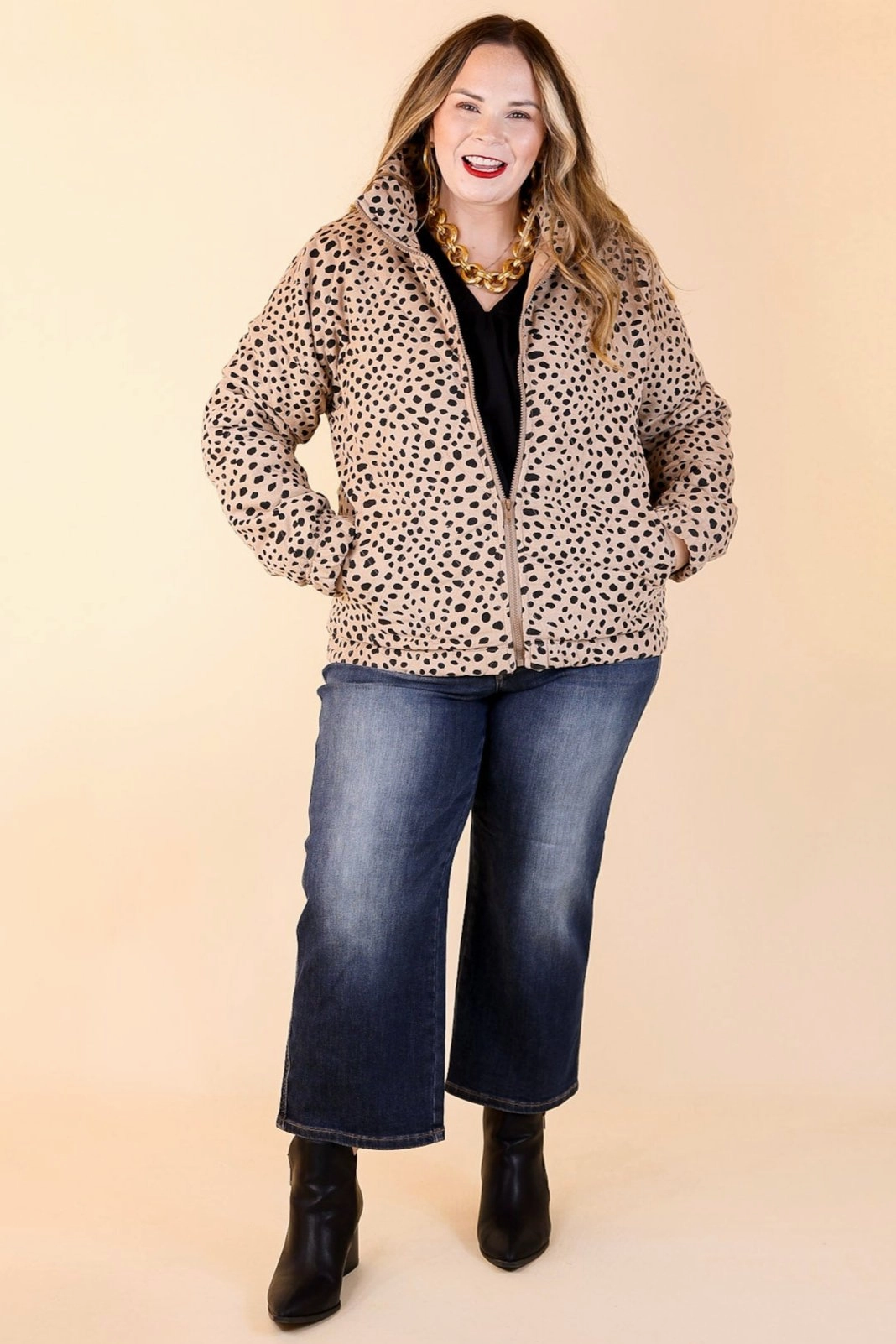 Snowy Sundays Dotted Zip Up Puffer Jacket in Taupe Double Buttons Hooded Comfort Fit