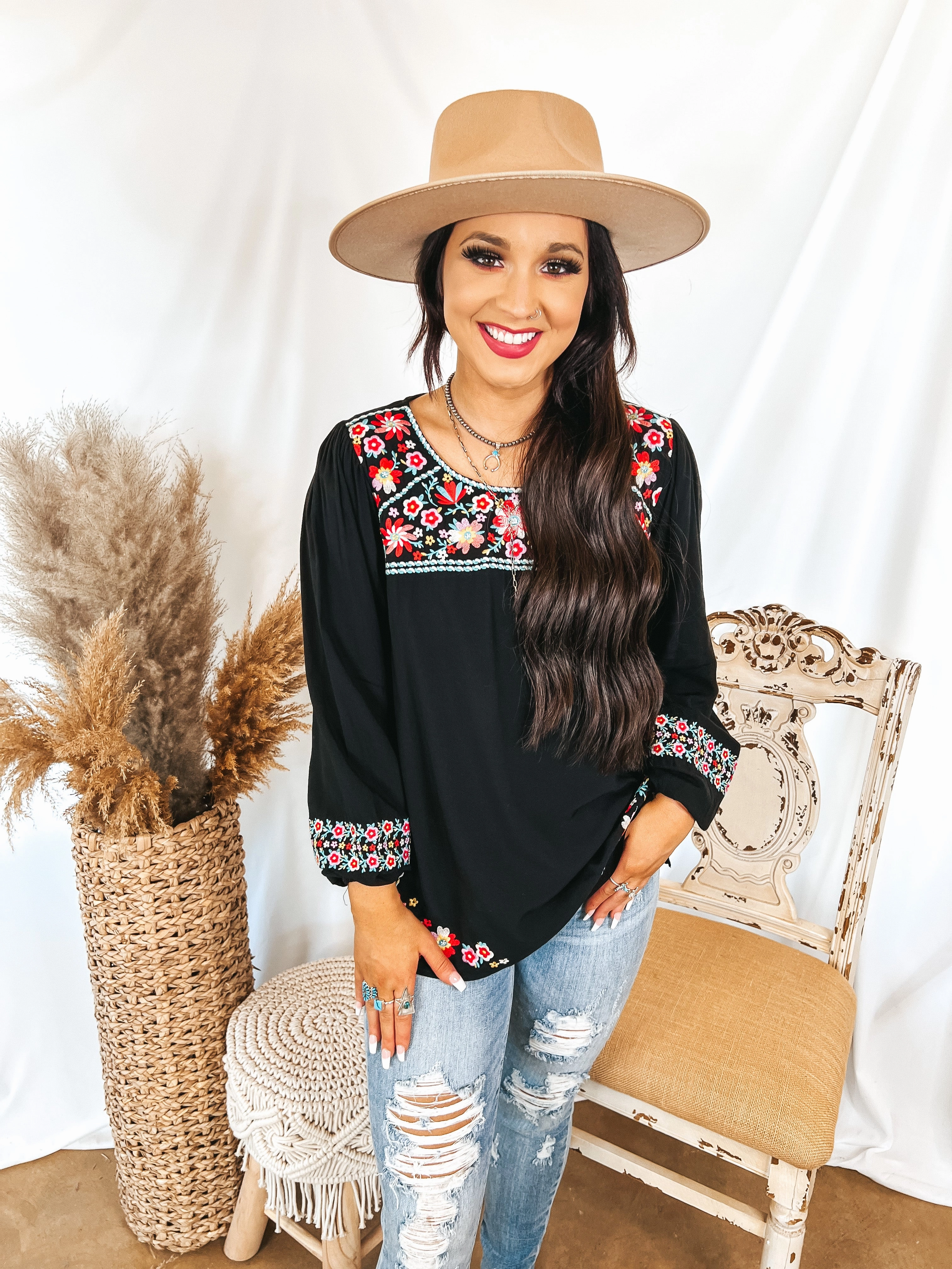 Sunny Sweetheart Floral Embroidered Long Sleeve Top in Black NonFadeFinish Stylish T-shirt