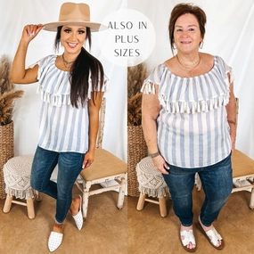 Smart Look Saga Fit SoCal Sun Striped Off the Shoulder Top with Tassels in Ivory and Blue