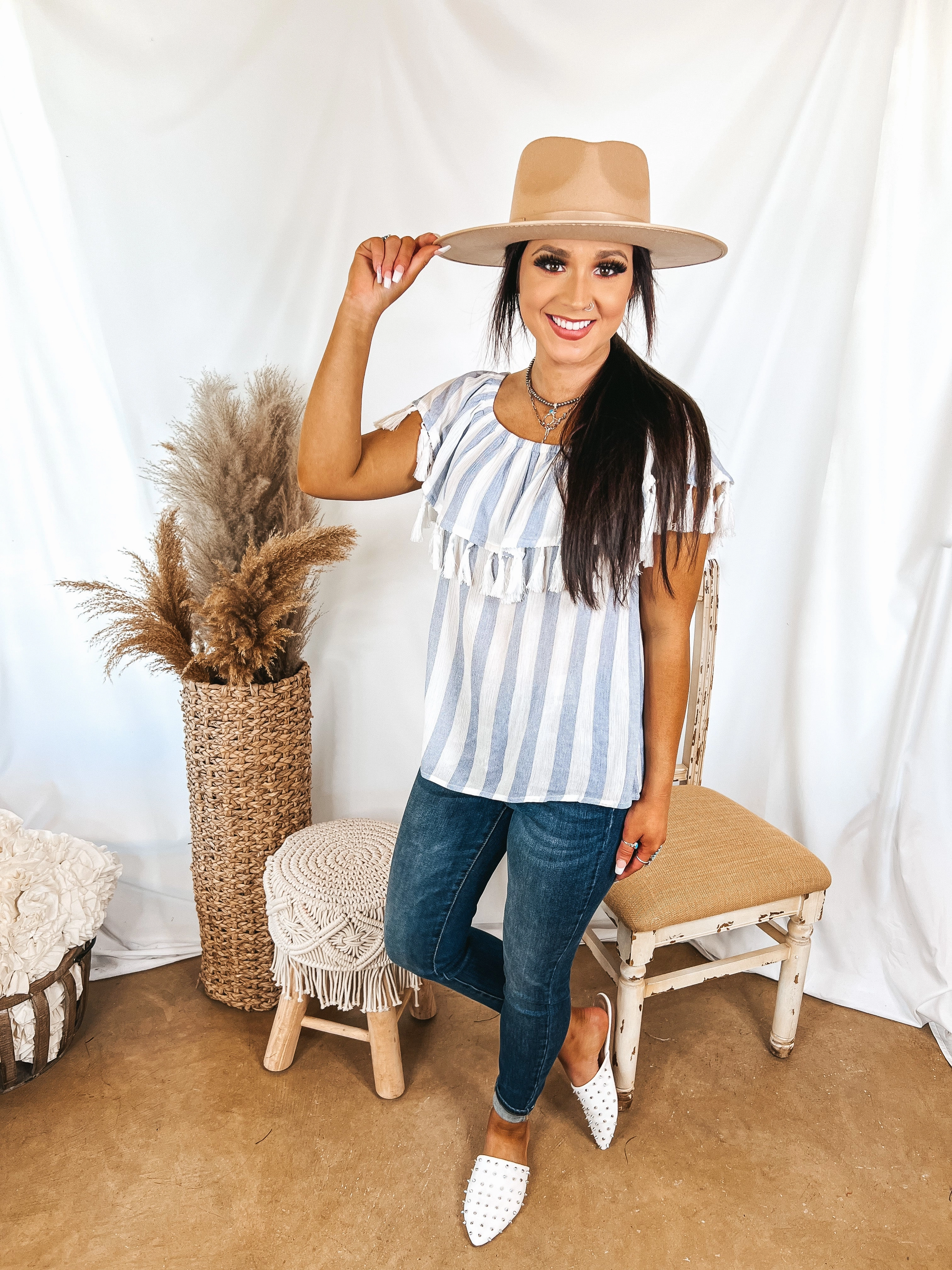 Country Core Recycled Fit SoCal Sun Striped Off the Shoulder Top with Tassels in Ivory and Blue