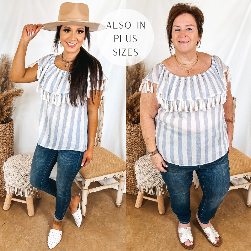Smart Look Saga Fit SoCal Sun Striped Off the Shoulder Top with Tassels in Ivory and Blue