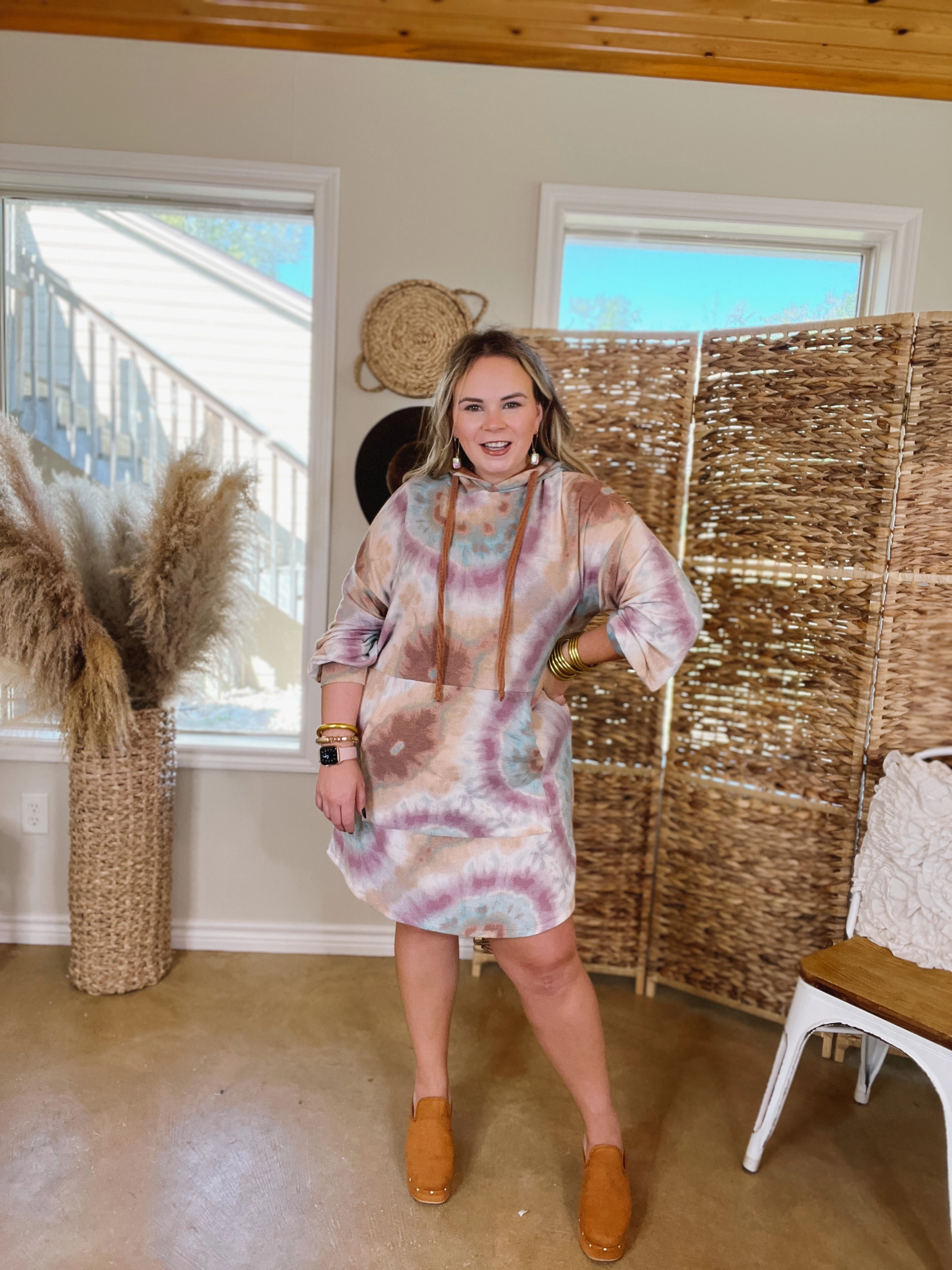 Out After Hours Tie Dye Hoodie Dress in Magenta and Rust Mountain Cool Firm Leather