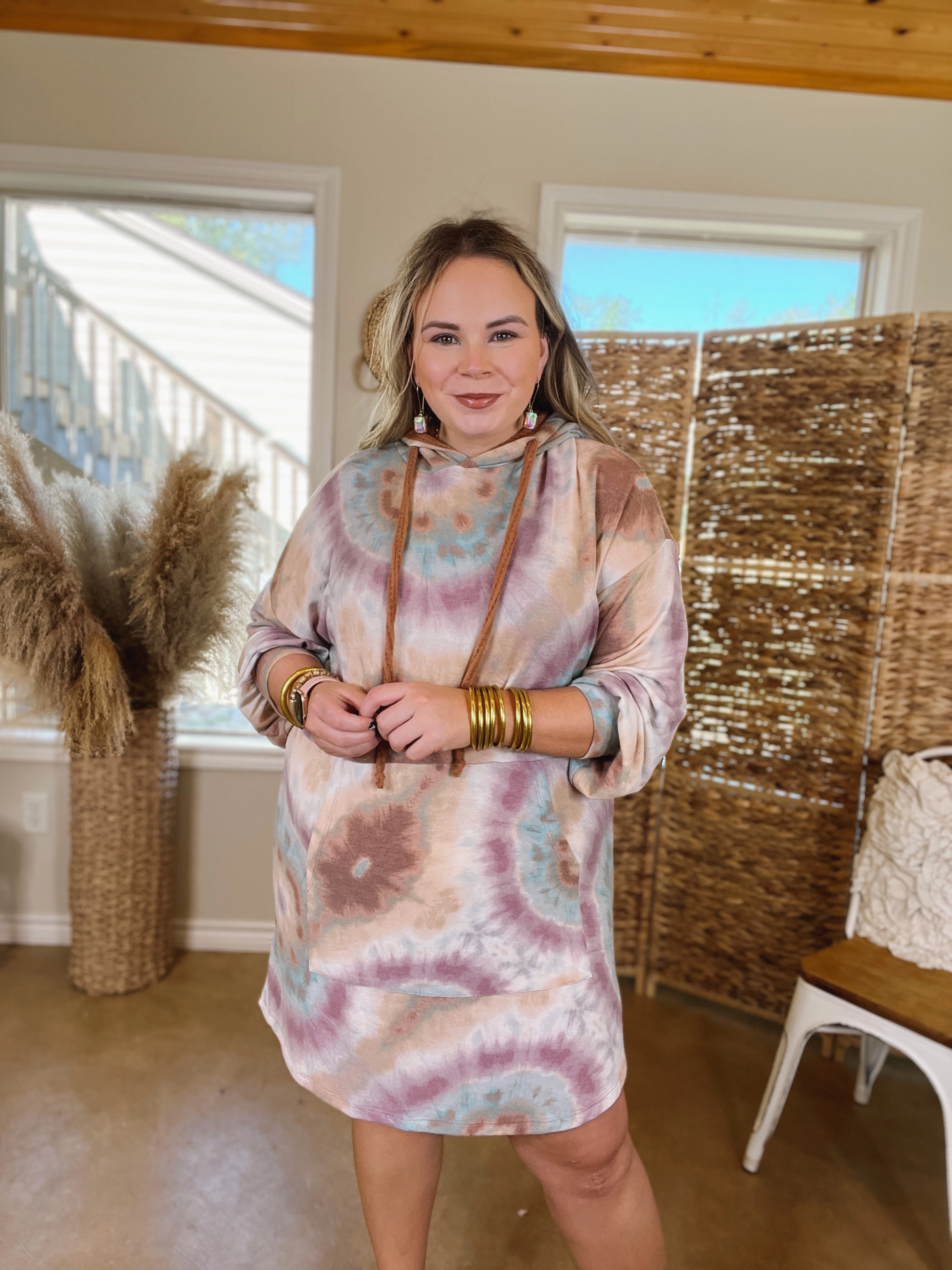 Out After Hours Tie Dye Hoodie Dress in Magenta and Rust Cool Nylon Basic Wardrobe