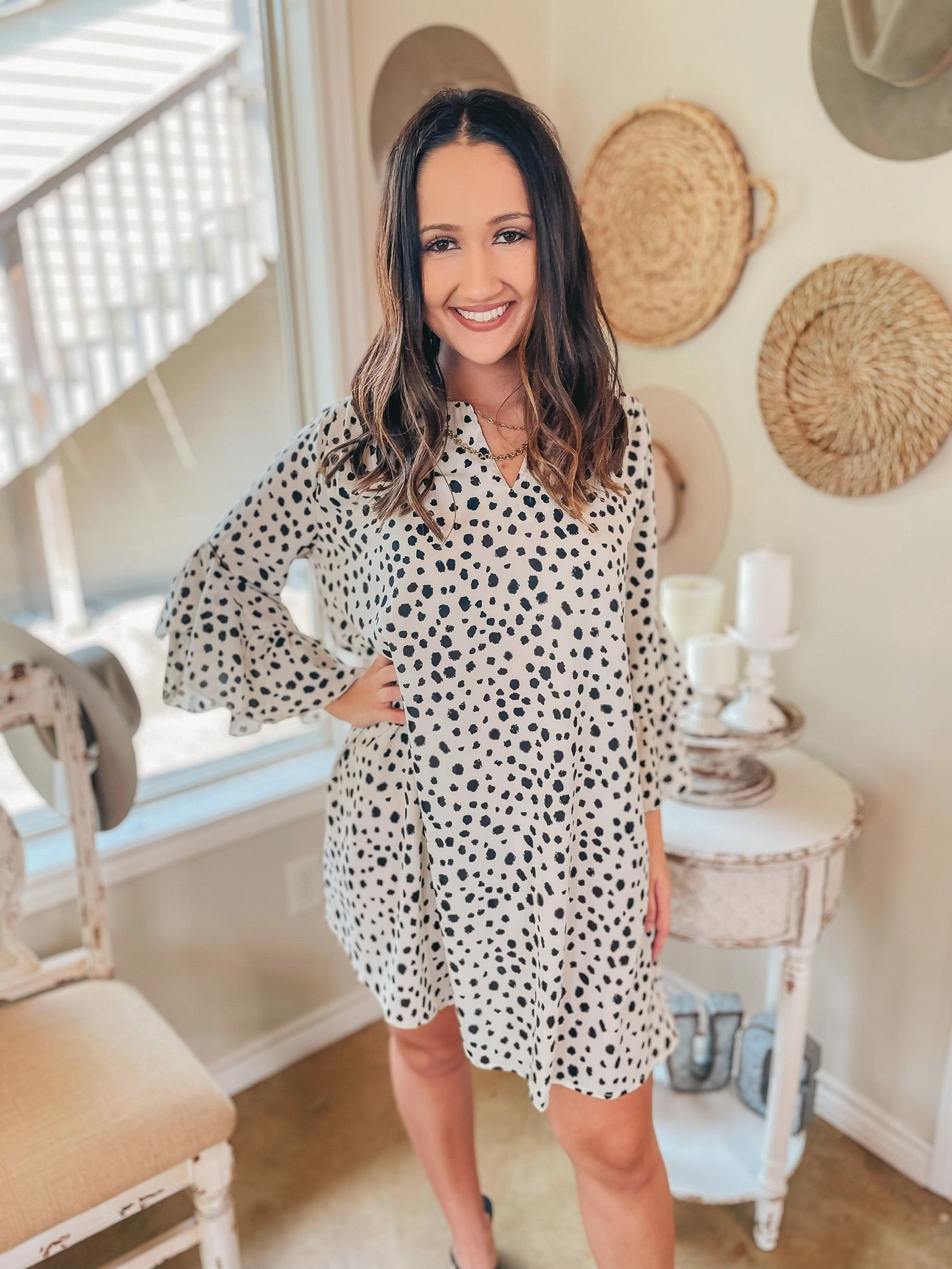 Light Jacket Hope Fit Last Chance Size Small | It's A Date Notched V-Neck Dotted Dress with Bell Sleeves in Ivory