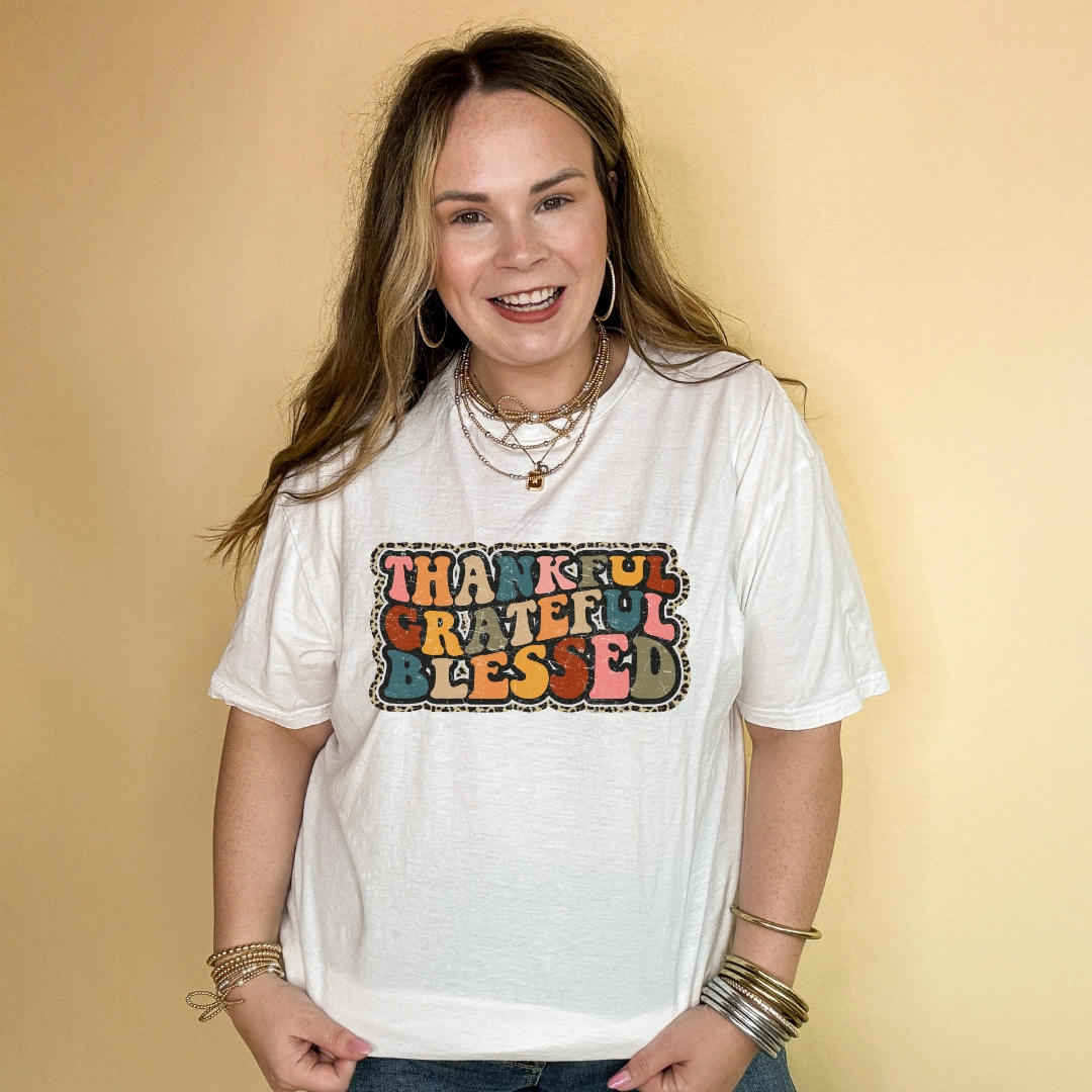 Odor Resistant Treatment Online Exclusive | Thankful, Grateful, Blessed with Cheetah Print Outline Graphic Tee in Multiple Color Options