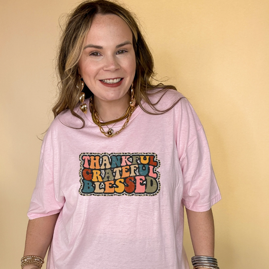 Lace trim Formal Occasion Online Exclusive | Thankful, Grateful, Blessed with Cheetah Print Outline Graphic Tee in Multiple Color Options