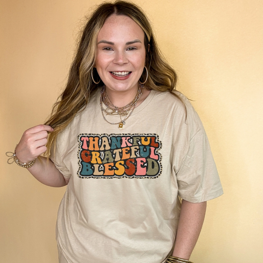 Stylish and Fun Flexible Comfort Online Exclusive | Thankful, Grateful, Blessed with Cheetah Print Outline Graphic Tee in Multiple Color Options