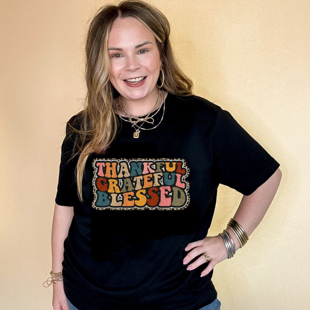 Smart Casual Online Exclusive | Thankful, Grateful, Blessed with Cheetah Print Outline Graphic Tee in Multiple Color Options