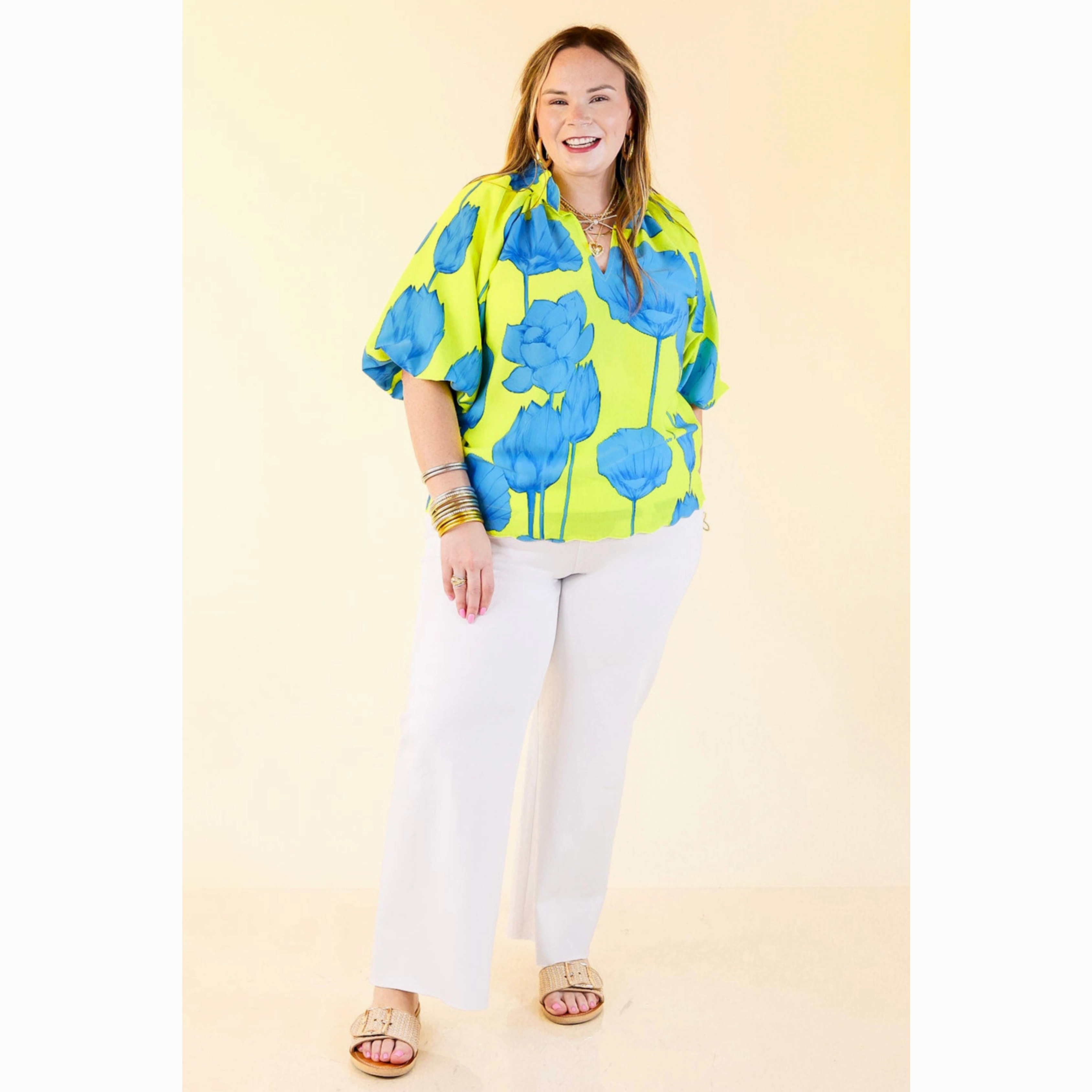 Puff & Petal V-Neck Blue Flower Print with Collar in Lime Green Smooth zipper closure