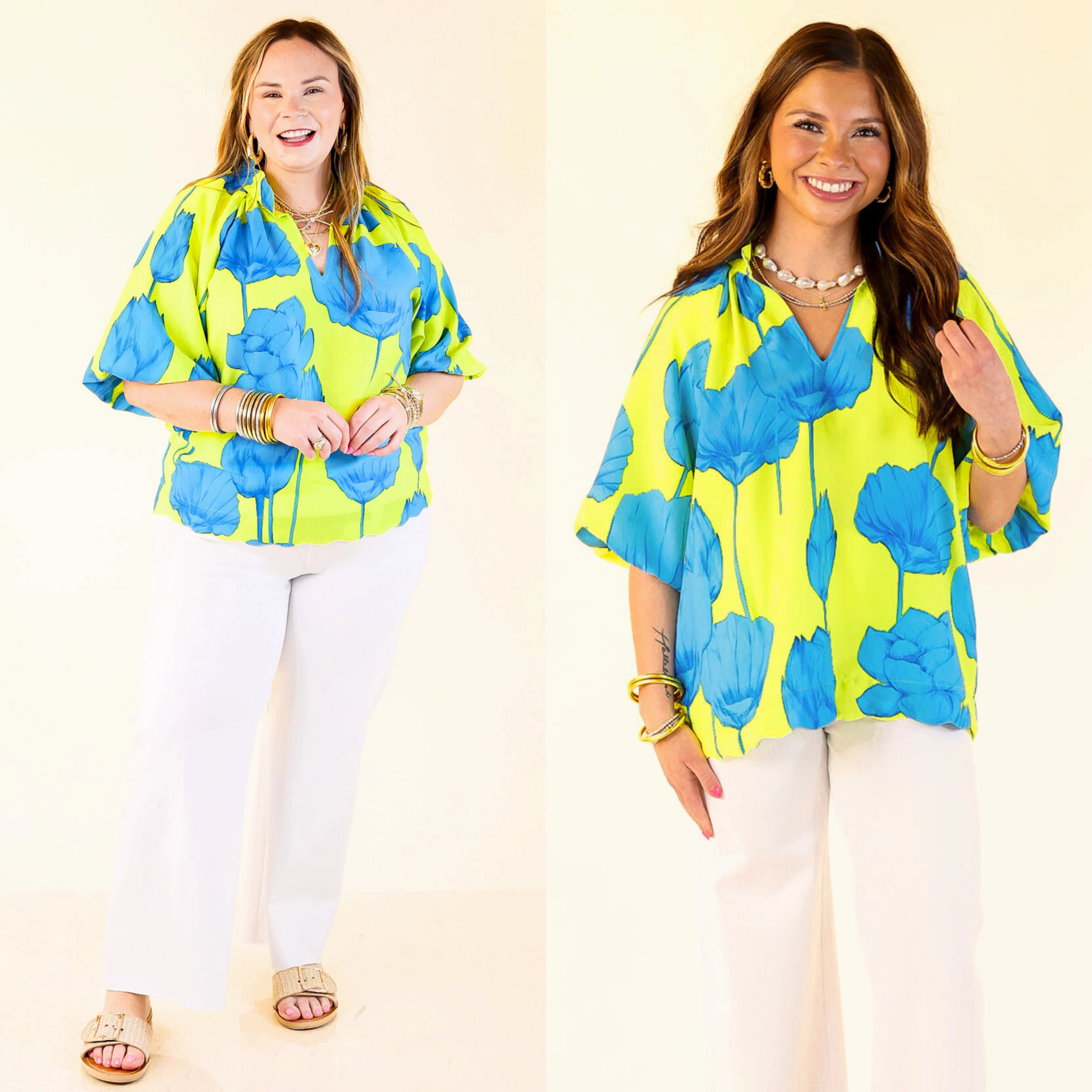 Puff & Petal V-Neck Blue Flower Print with Collar in Lime Green Cozy Fit High Street Fashion