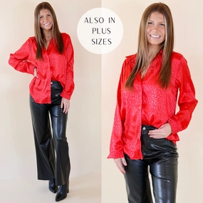 Down To Disco Leopard Print Long Sleeve Button Up Top in Lipstick Red Chic Accessory HighElasticity Fiber