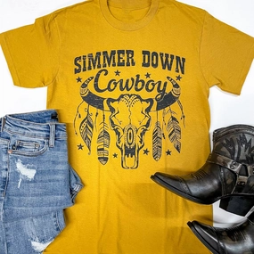 Linen Soul Craft Core Simmer Down Cowboy Short Sleeve Graphic Tee in Mustard Yellow