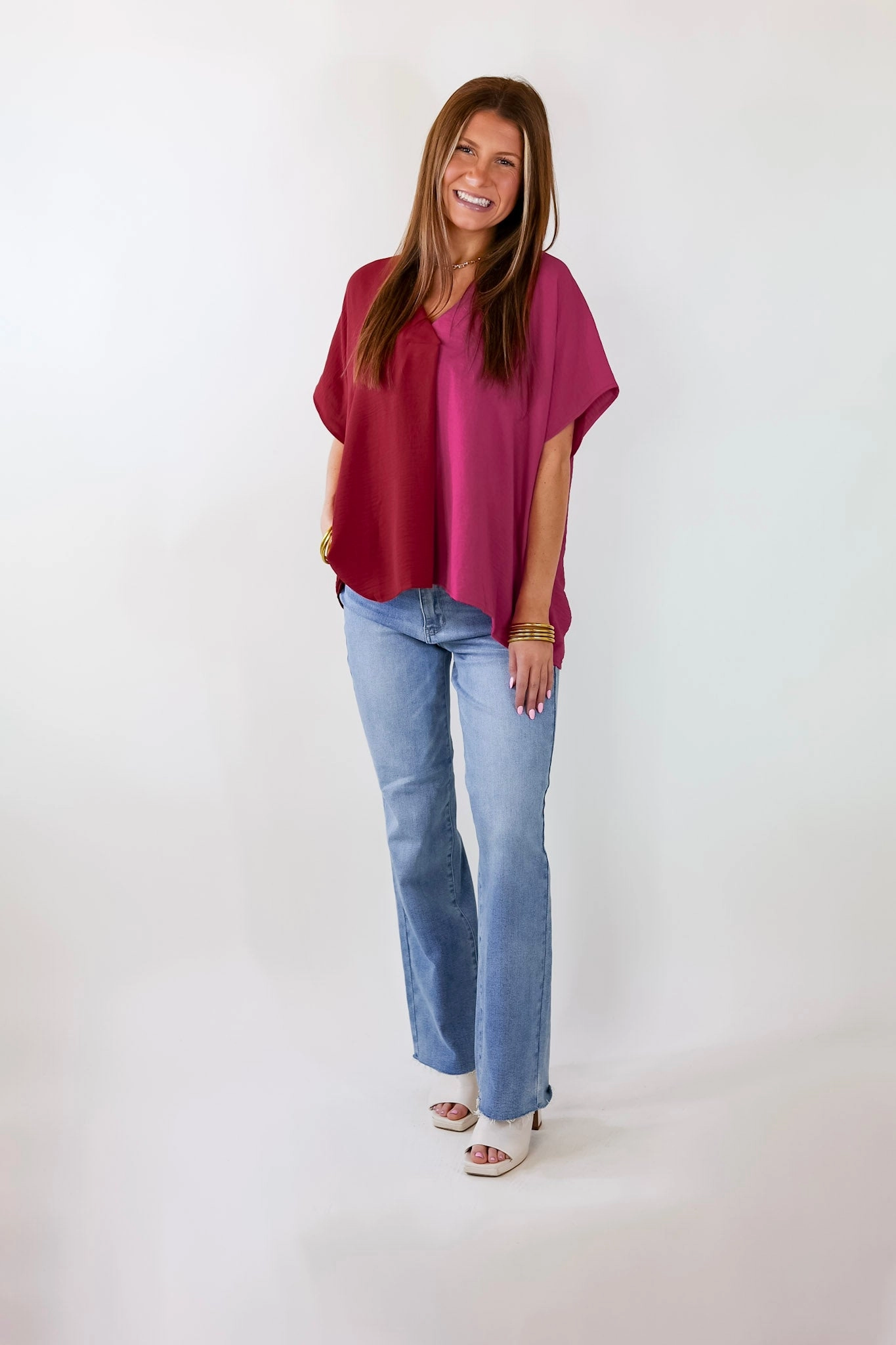 Weekend Out V Neck Placket Color Block Short Sleeve Top in Maroon and Pink Sustainable Base
