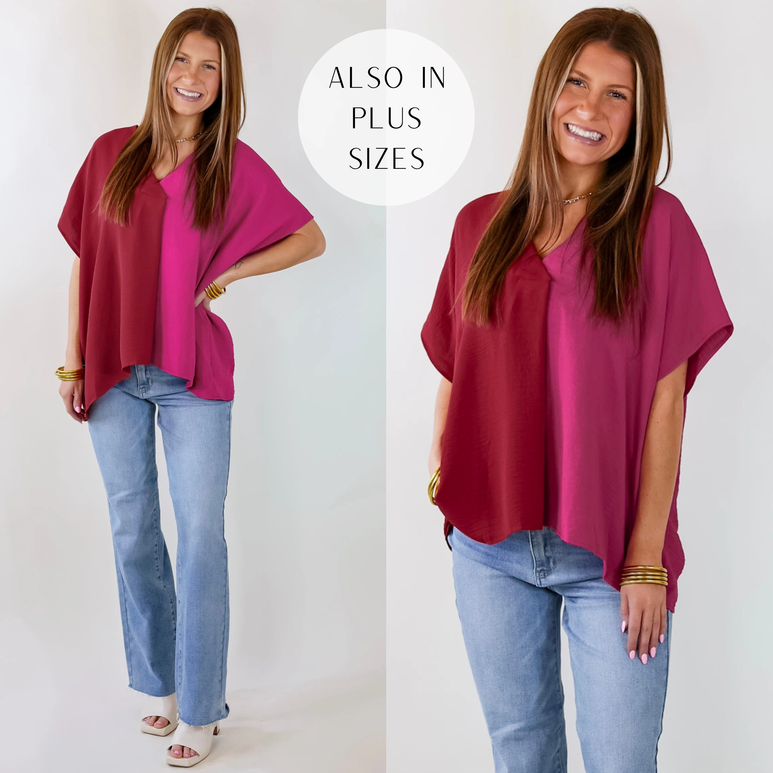 Weekend Out V Neck Placket Color Block Short Sleeve Top in Maroon and Pink casual top
