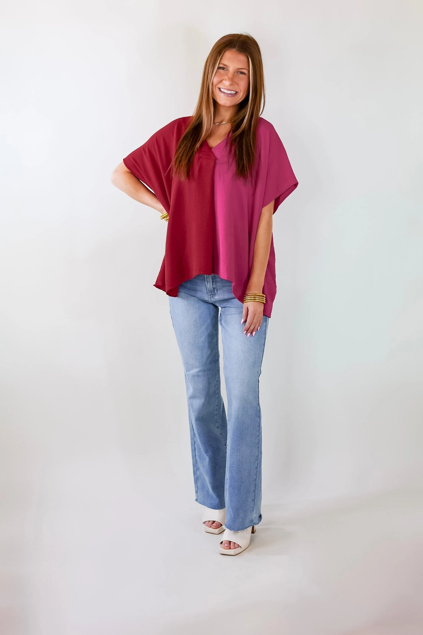 Weekend Out V Neck Placket Color Block Short Sleeve Top in Maroon and Pink FlatlockSeaming