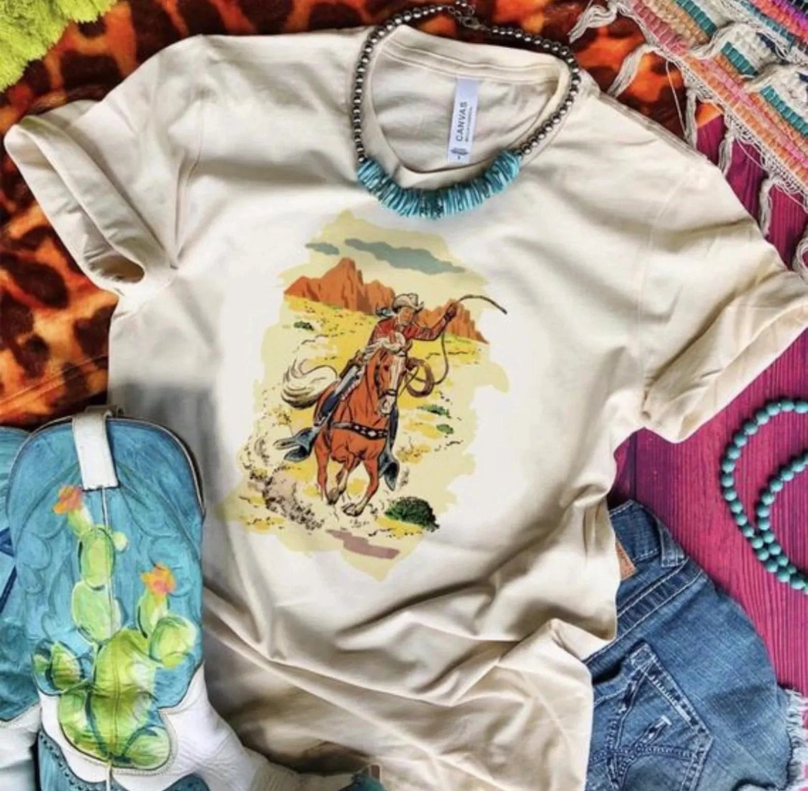 Cool Layering Soft Comfort Wear Online Exclusive | Wild West Cowboy Comic Short Sleeve Graphic Tee in Cream