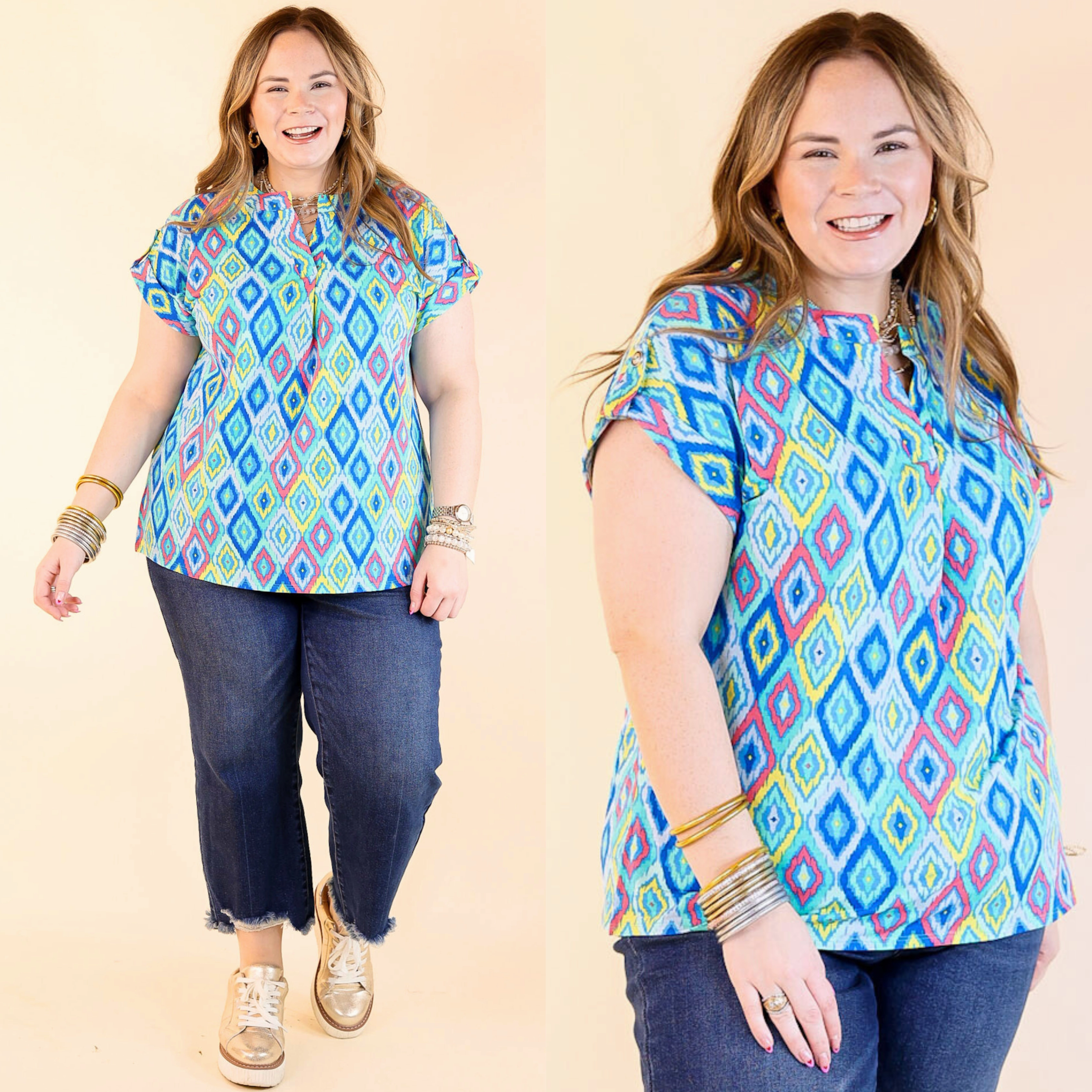 Downtown Darling Geometric Print Short Sleeve Tunic Top in Blue Mix Two Tone Stitching Trendy Outfit