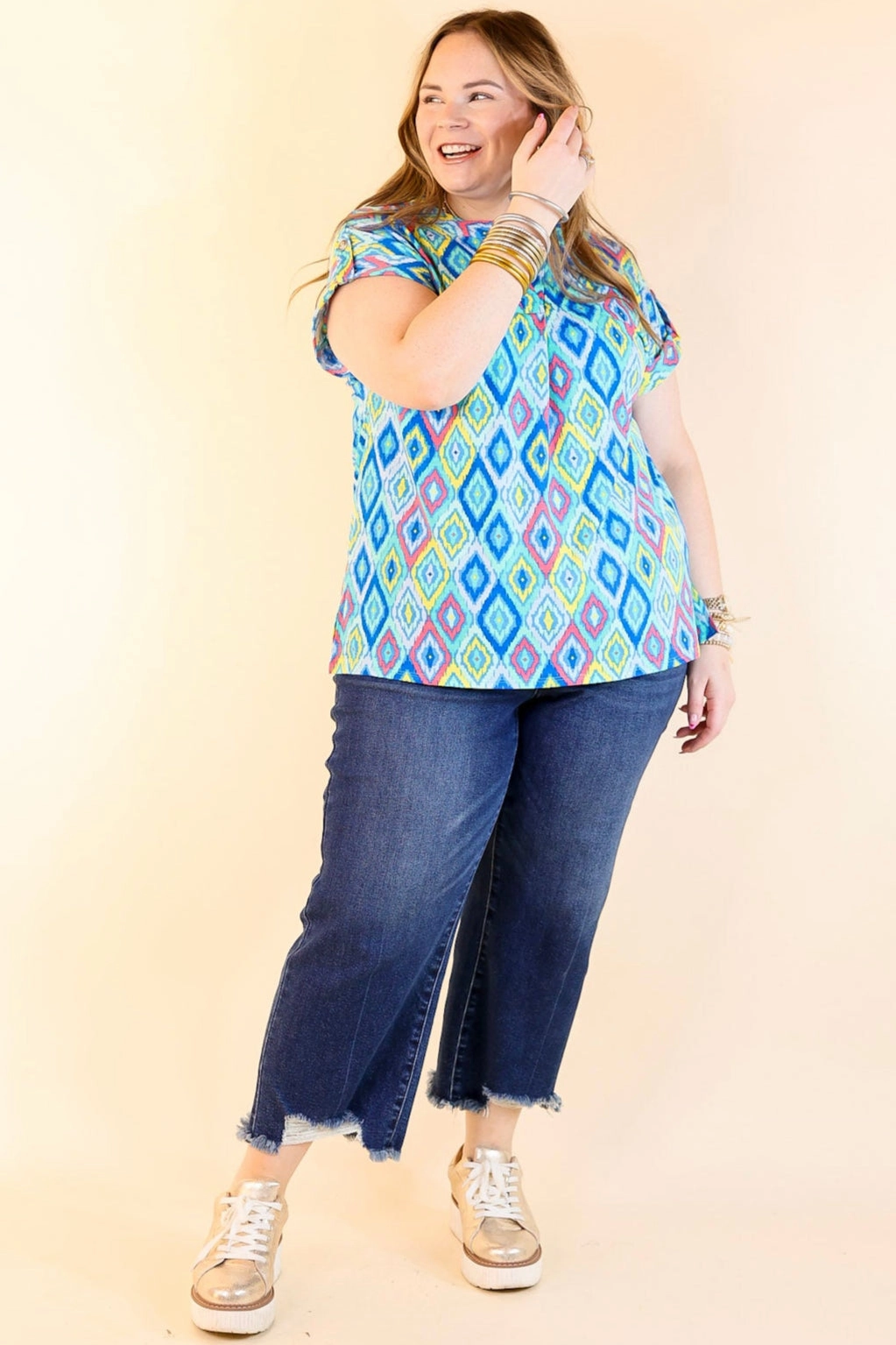 Mix-And-Match Downtown Darling Geometric Print Short Sleeve Tunic Top in Blue Mix