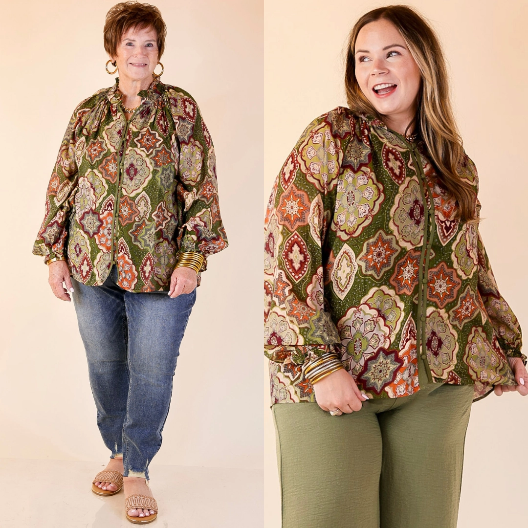 Mosaic Muse Boho Mosaic Print Long Balloon Sleeve Blouse in Olive Green, Maroon and Rust Orange Vibrant Colors