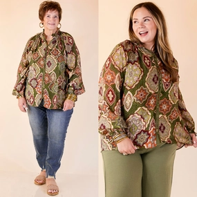 Mosaic Muse Boho Mosaic Print Long Balloon Sleeve Blouse in Olive Green, Maroon and Rust Orange Vibrant Colors
