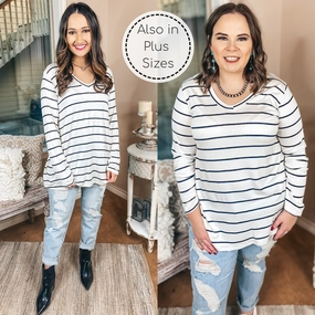 Keep Things Casual Long Sleeve Striped V Neck Tee in Ivory casual fun