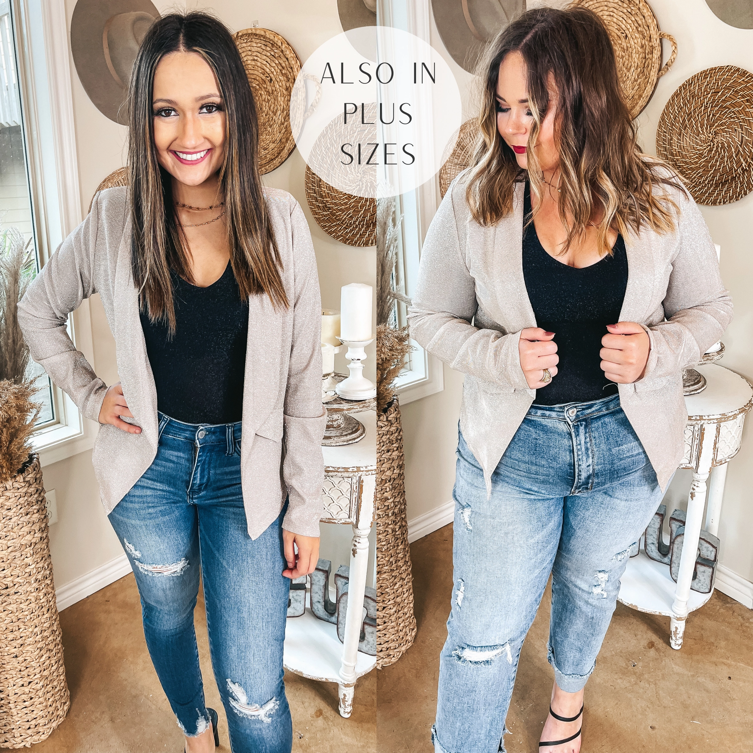 Chic Influencer Long Sleeve Open Front Sparkle Blazer in Champagne Vegan Mood Flatlock stitching