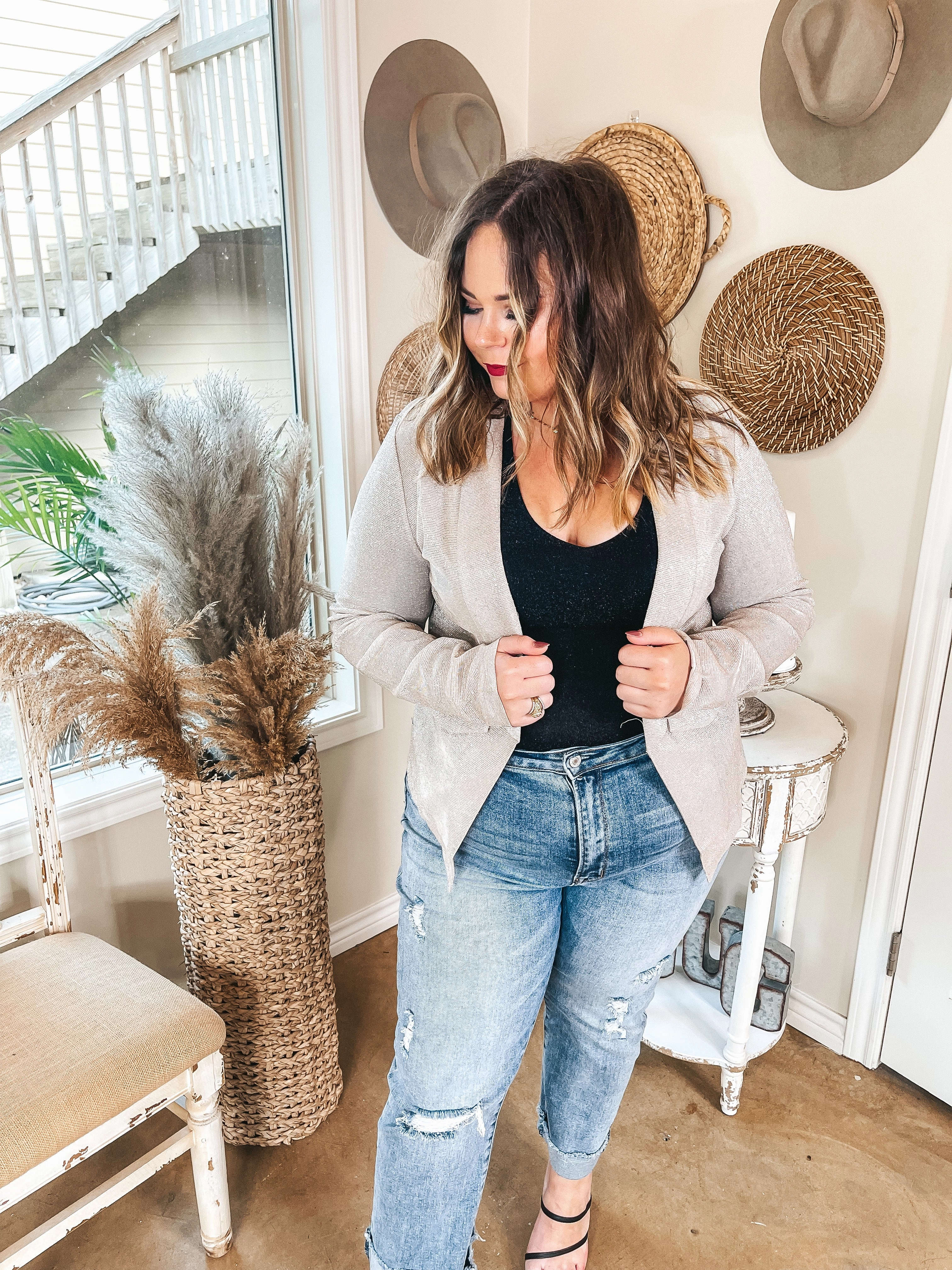 Chic Influencer Long Sleeve Open Front Sparkle Blazer in Champagne Versatile Fashion