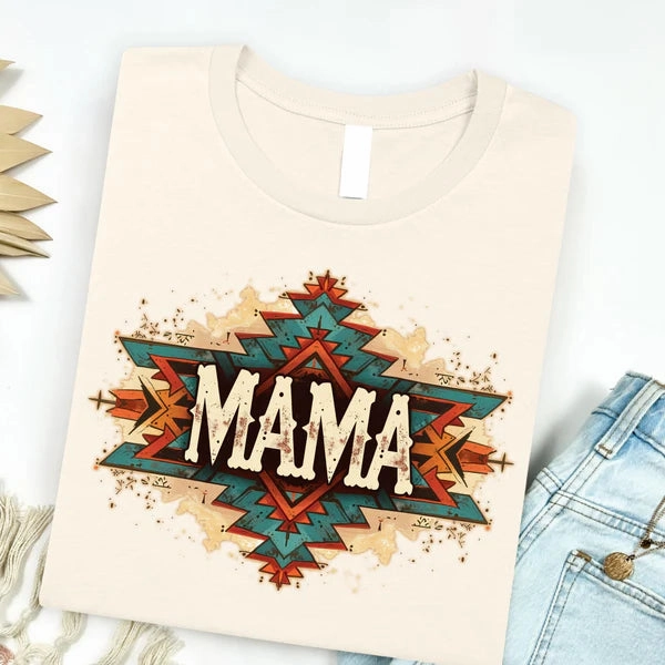 Online Exclusive | Western Aztec Mama Graphic on Short Sleeve Tee in Natural Cream perfect for all-day wear sports activity