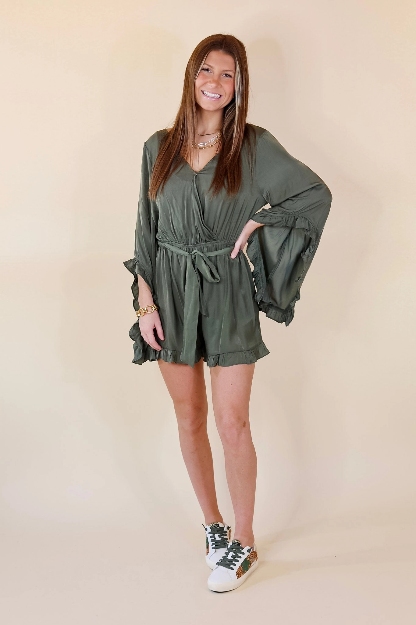 Roomy Design Concert Vibe Something More Ruffle Trim Long Sleeve Satin Romper in Olive Green