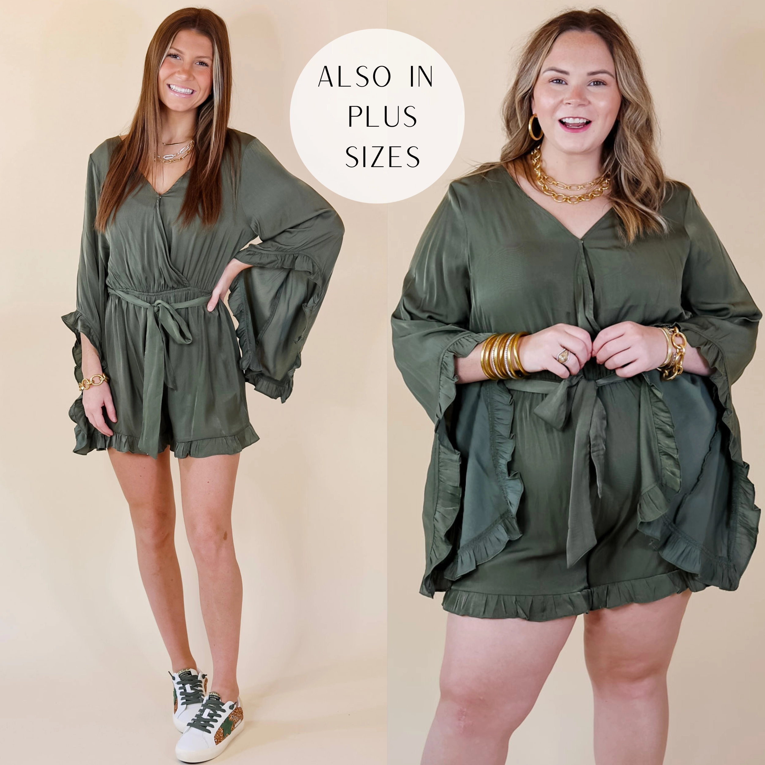 Something More Ruffle Trim Long Sleeve Satin Romper in Olive Green WrinkleResistant Balance Core