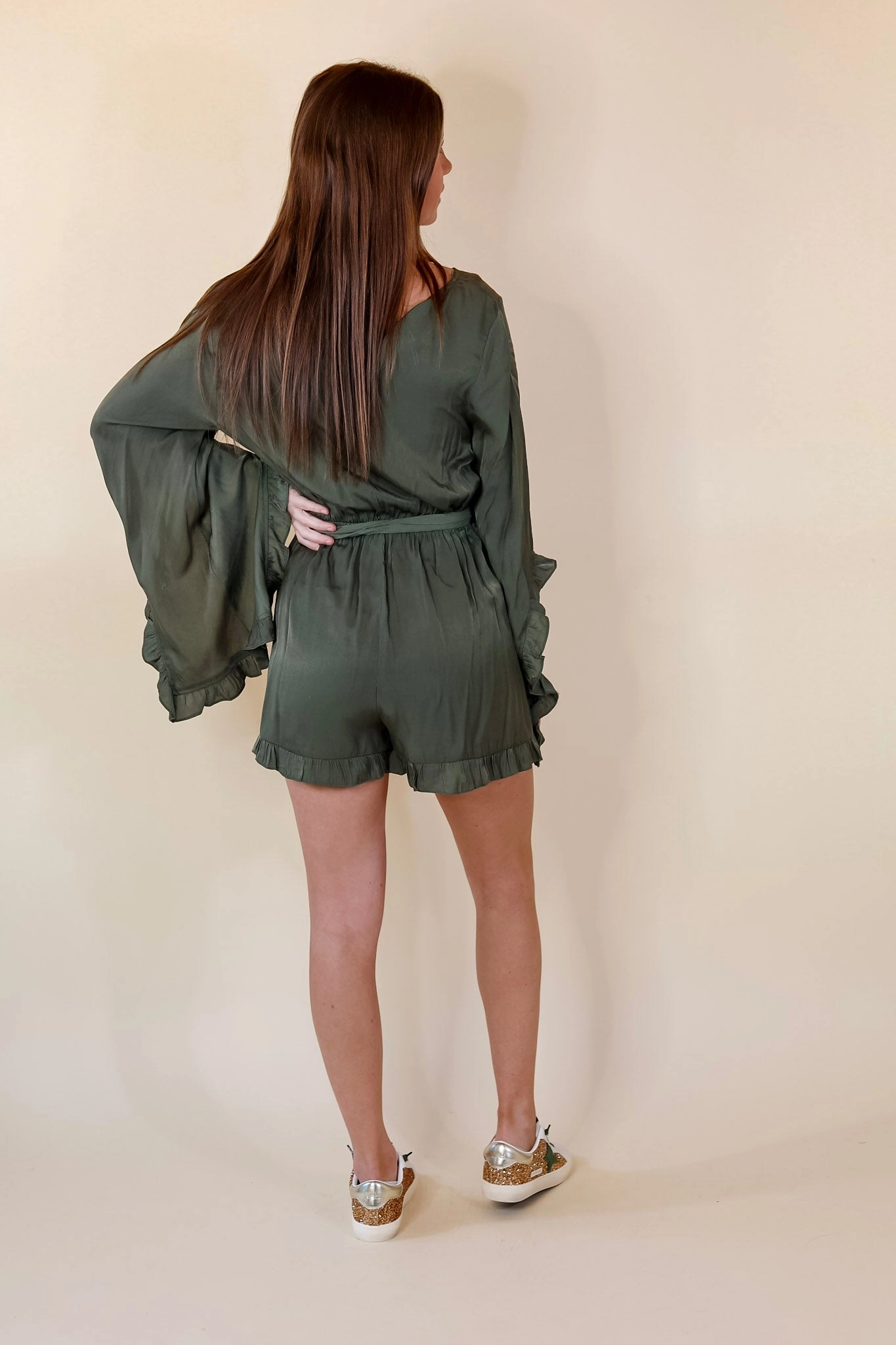 Something More Ruffle Trim Long Sleeve Satin Romper in Olive Green Poise Fit Business Outfit