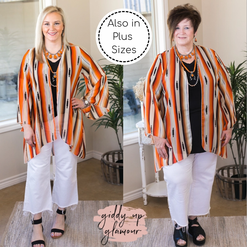 Hypoallergenic Fibers MoistureWicking Fabric Southwestern Sunrise Serape Print Sheer Kimono in Orange and Beige