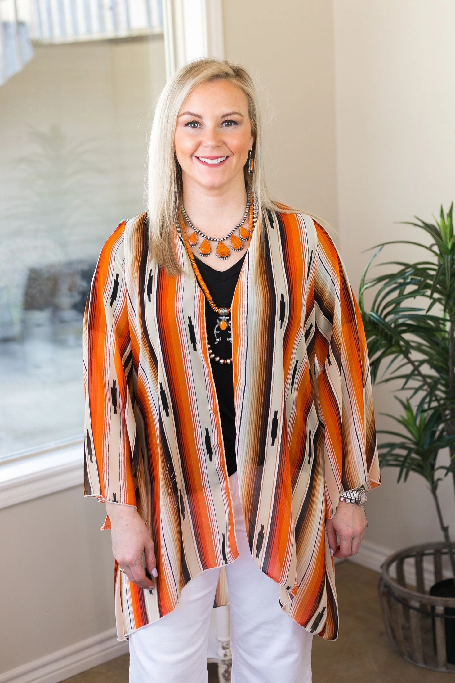 Southwestern Sunrise Serape Print Sheer Kimono in Orange and Beige Airflow Mesh Panels Work Wear