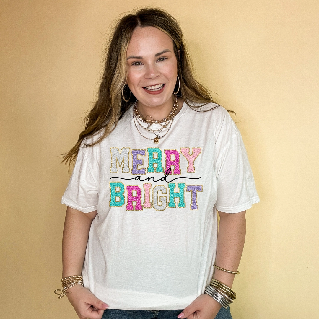 Online Exclusive | Merry and Bright Faux Chenille Letters Graphic Tee in Multiple Color Options Eco Friendly Material Perfect for Any Outfit