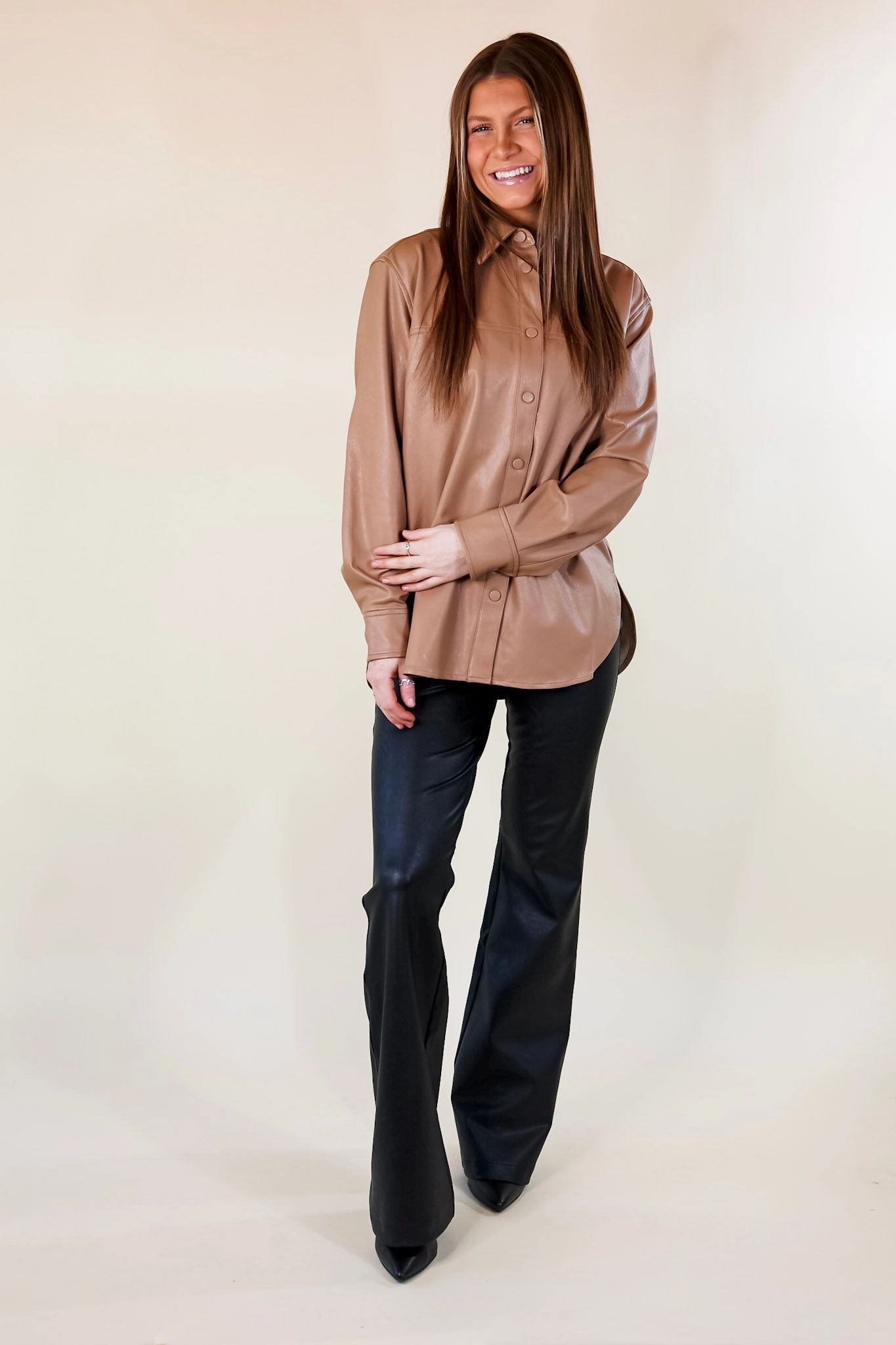 NonSlipTrims SPANX | Leather-Like Long Sleeve Oversized Shacket in Toffee